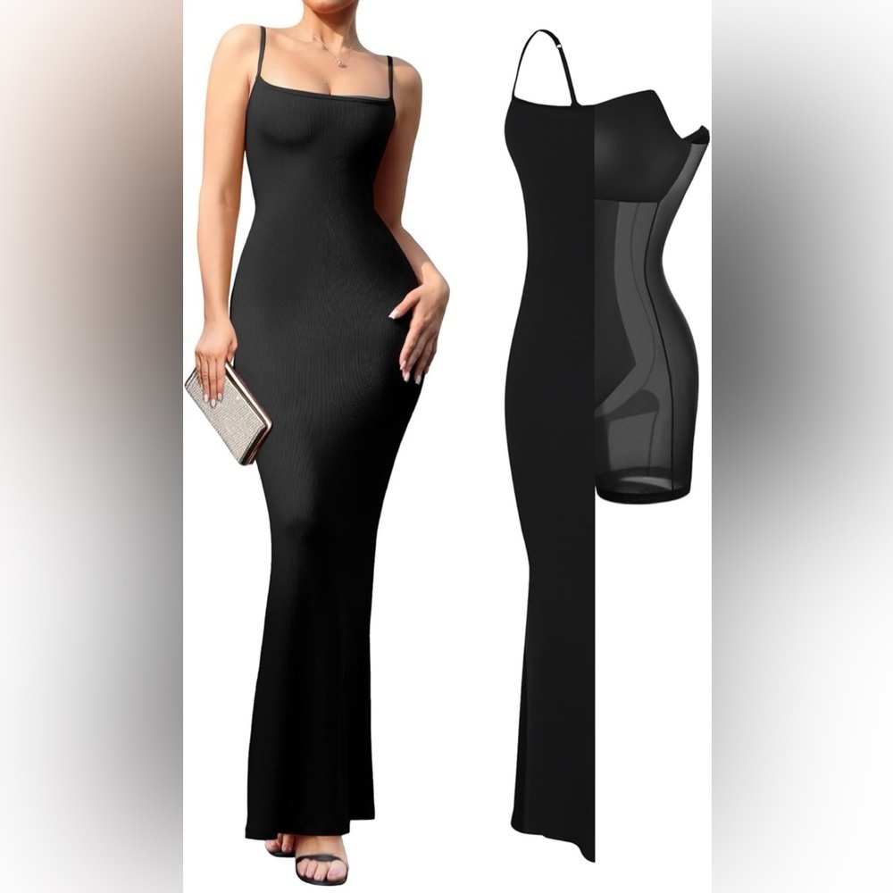 NWT Popilush Black Shapewear Ribbed Sleeveless Slip Bodycon Long Maxi Dress